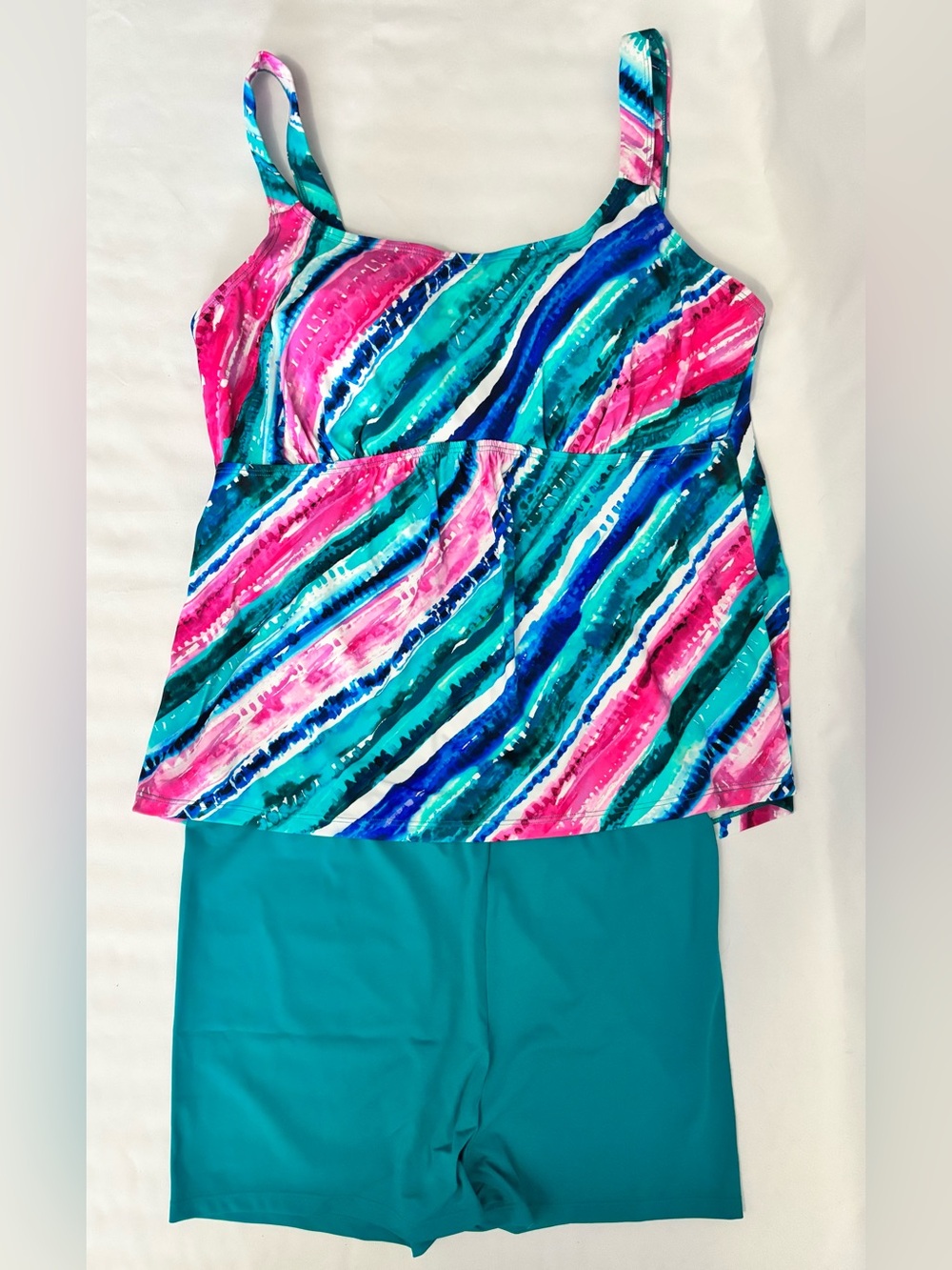 Kim Gravel Women’s Teal Rainbow Striped 2pc Tankini Set, Size: 16, NIP (QVC)